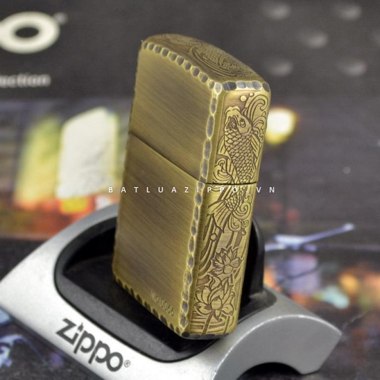 Bật lửa Zippo chính hãng đồng xước khắc cá chép bên sườn
