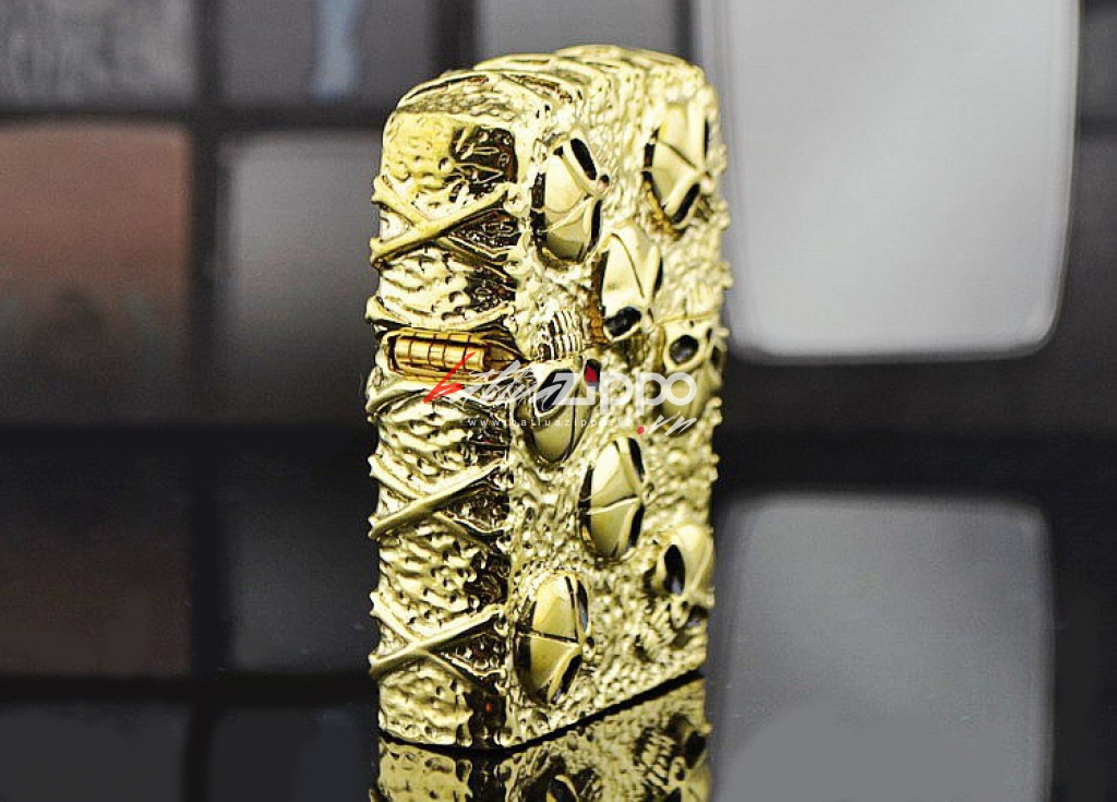 Bật lửa Zippo chính hãng nguyên khối mạ vàng khắc hộp sọ đầu lâu