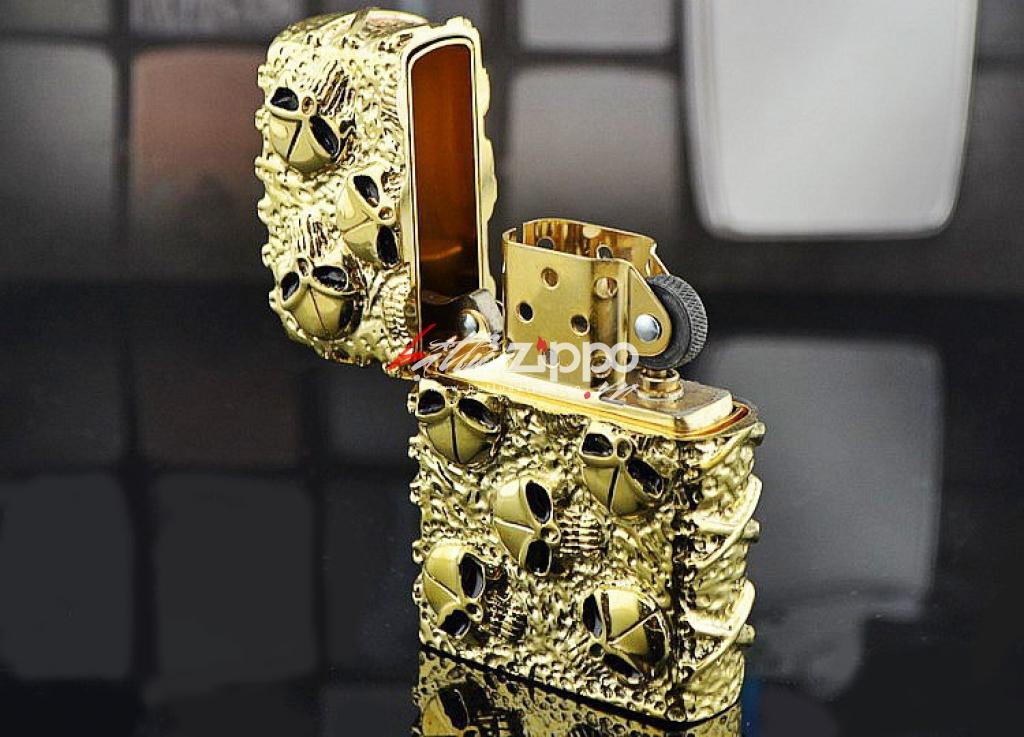 Bật lửa Zippo chính hãng nguyên khối mạ vàng khắc hộp sọ đầu lâu