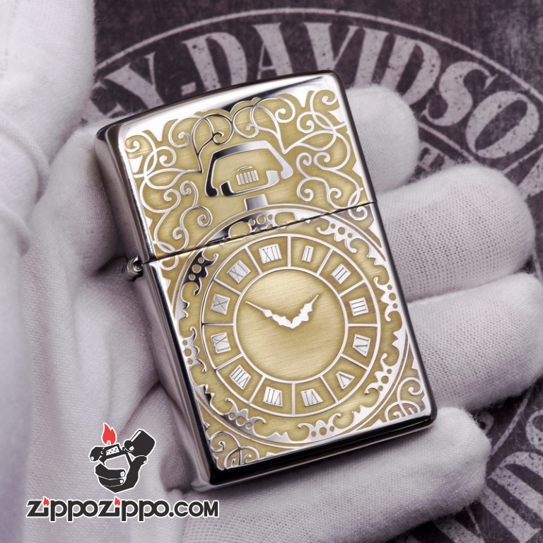 Zippo 250 Bạc khắc hình đồng hồ  màu đồng - Thời gian là tiền bạc