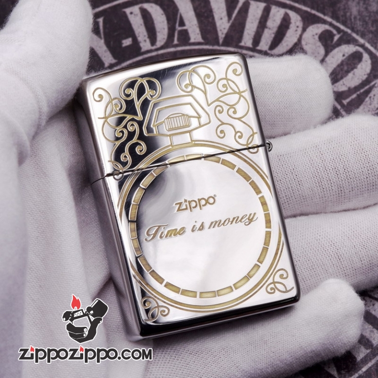 Zippo 250 Bạc khắc hình đồng hồ  màu đồng - Thời gian là tiền bạc