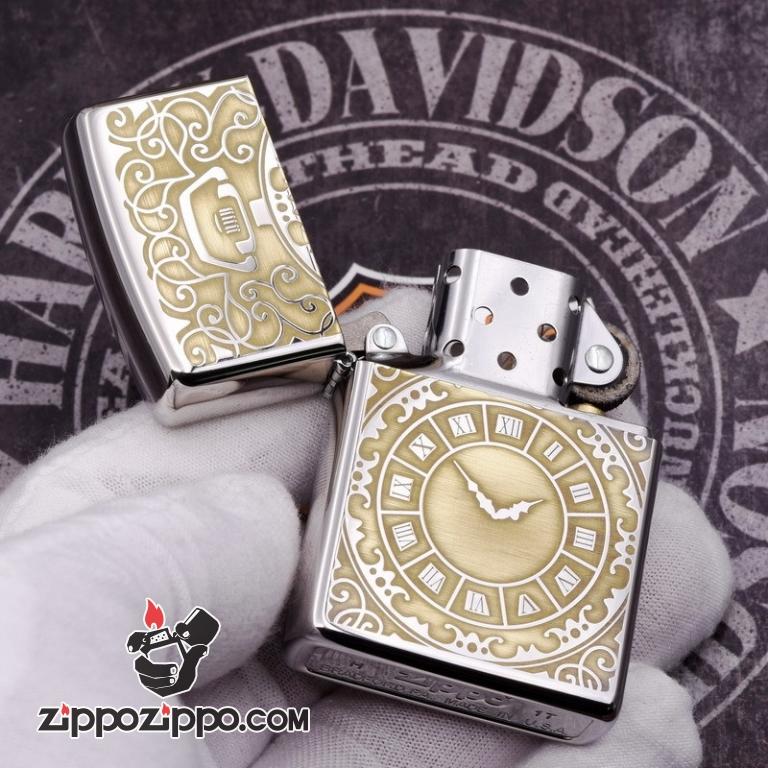 Zippo 250 Bạc khắc hình đồng hồ  màu đồng - Thời gian là tiền bạc