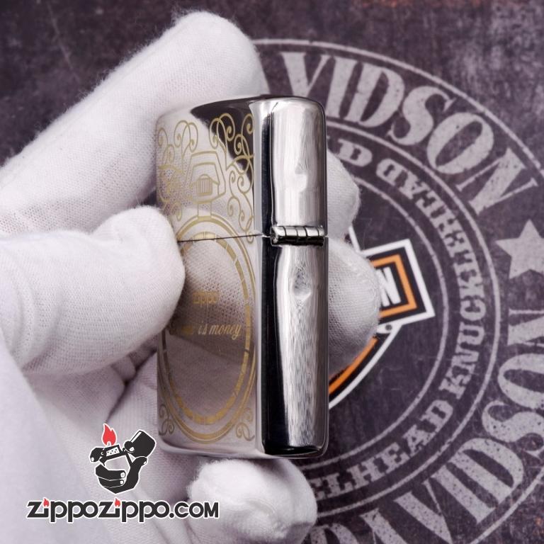 Zippo 250 Bạc khắc hình đồng hồ  màu đồng - Thời gian là tiền bạc
