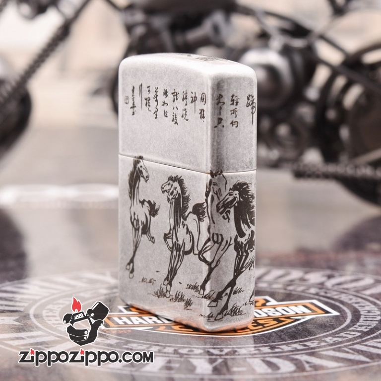 Bật Lửa Zippo 121FB Bạc Cổ Khắc Tranh Bát Mã Truy Phong