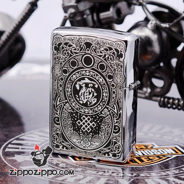 Bật Lửa Zippo Màu Bạc Chạm Khắc Hình Tỳ Hưu