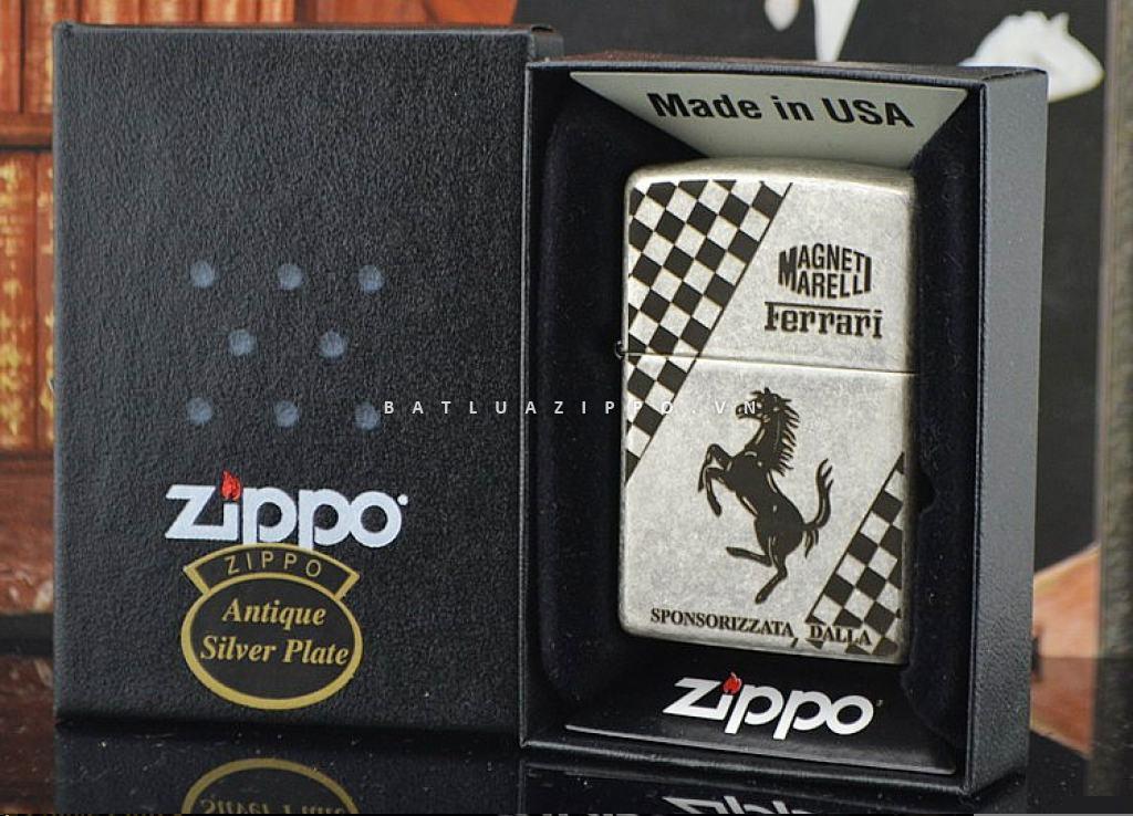 Bật lửa Zippo chĩnh hãng bạc cổ khắc Ferrari