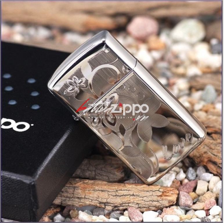 Bật lưa zippo chính hãng khắc khao văn Love Flower