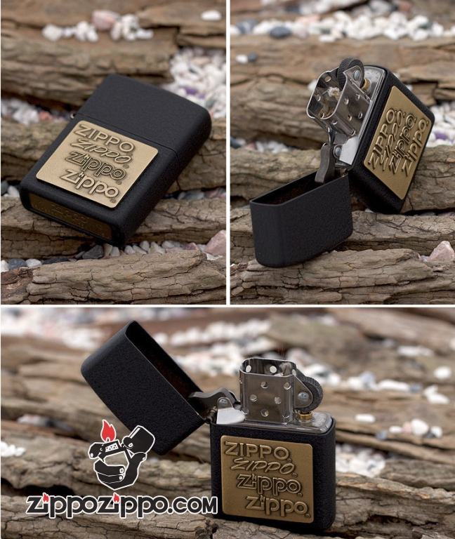 Bật Lửa Zippo Sơn Màu Đen Nhám Emblem Chữ Zippo Vàng - Logo Zippo SKU 362 – Zippo Brass Emblem Black Crackle