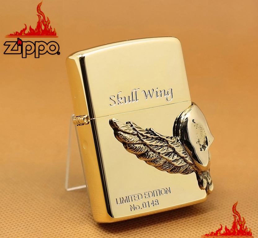 Bật lửa zippo Đầu lâu - skull wing mạ vàng phiên bản Limited