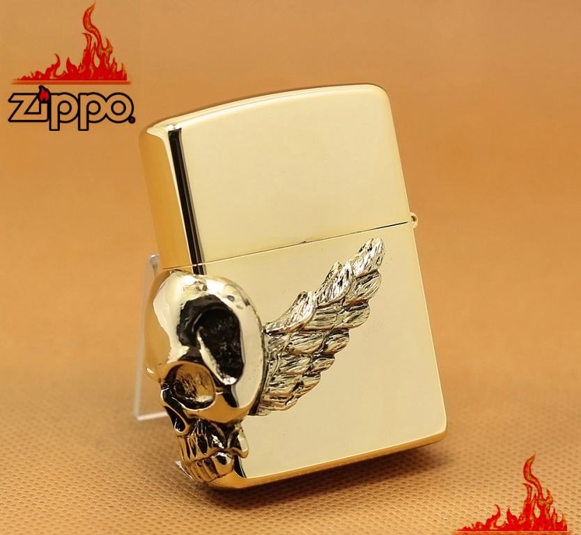 Bật lửa zippo Đầu lâu - skull wing mạ vàng phiên bản Limited