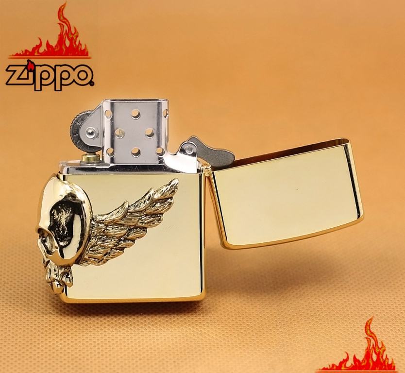 Bật lửa zippo Đầu lâu - skull wing mạ vàng phiên bản Limited