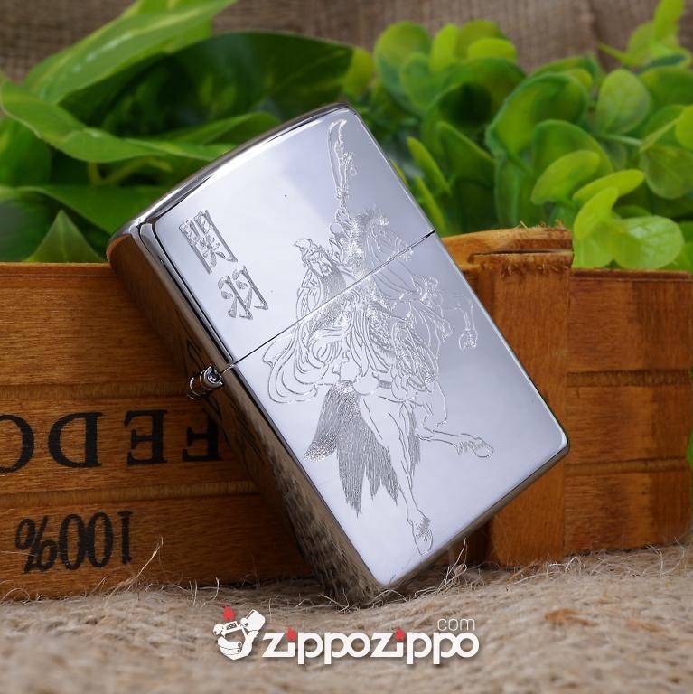 bật lửa zippo mầu bạc khắc quan công cưỡi ngựa
