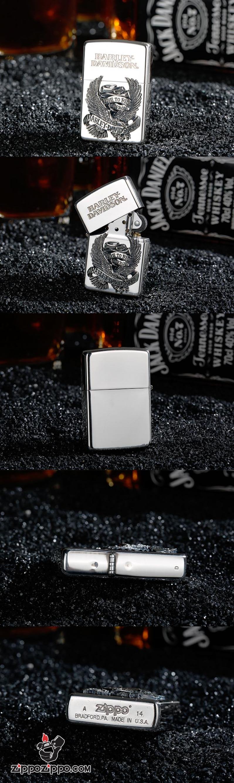 Zippo Chính Hãng Phiên Bản Harley Davidson Chim Ưng Live To Ride Màu Bạc