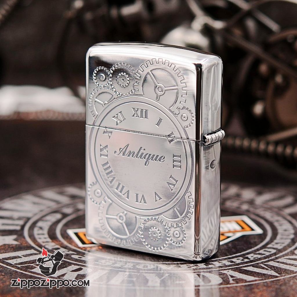 Bật lửa Zippo mạ bạc chuông đồng hồ cổ