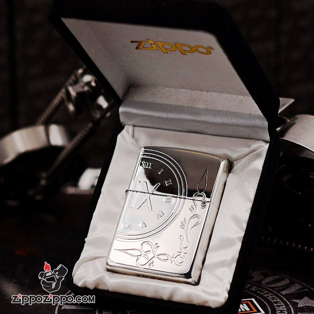 Bật lửa Zippo mạ bạc chuông đồng hồ cổ