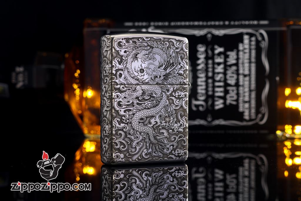 Bật Lửa Zippo Bạc nguyên khối Cao Cấp khắc hình rồng châu Á Dũng Mãnh