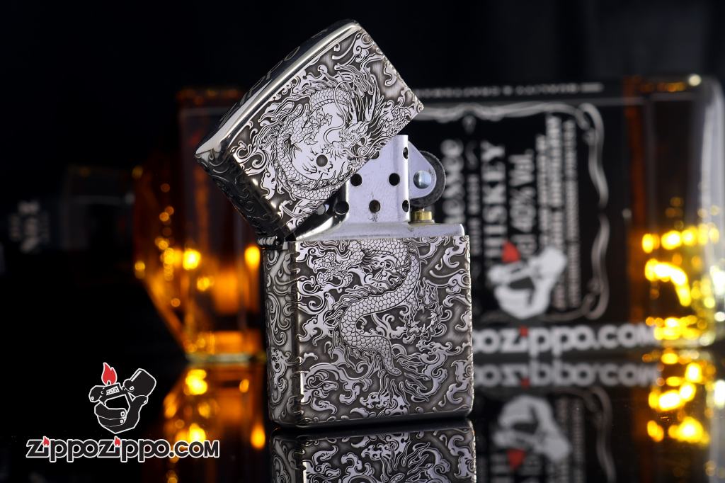 Bật Lửa Zippo Bạc nguyên khối Cao Cấp khắc hình rồng châu Á Dũng Mãnh