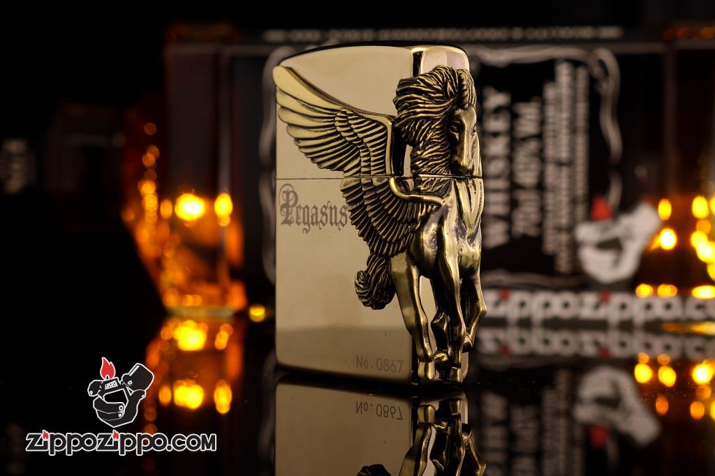 Bật lửa zippo chính hãng họa tiết ngựa thiên thần cạnh sườn phiên bản mạ vàng 24k