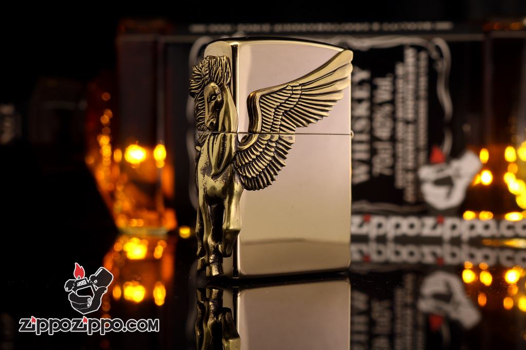 Bật lửa zippo chính hãng họa tiết ngựa thiên thần cạnh sườn phiên bản mạ vàng 24k