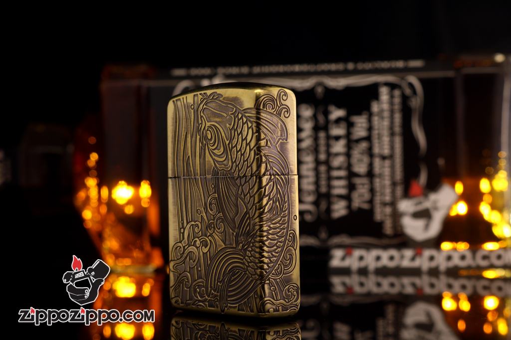 Bật lửa zippo đen in hoa văn cá chép Ver 2