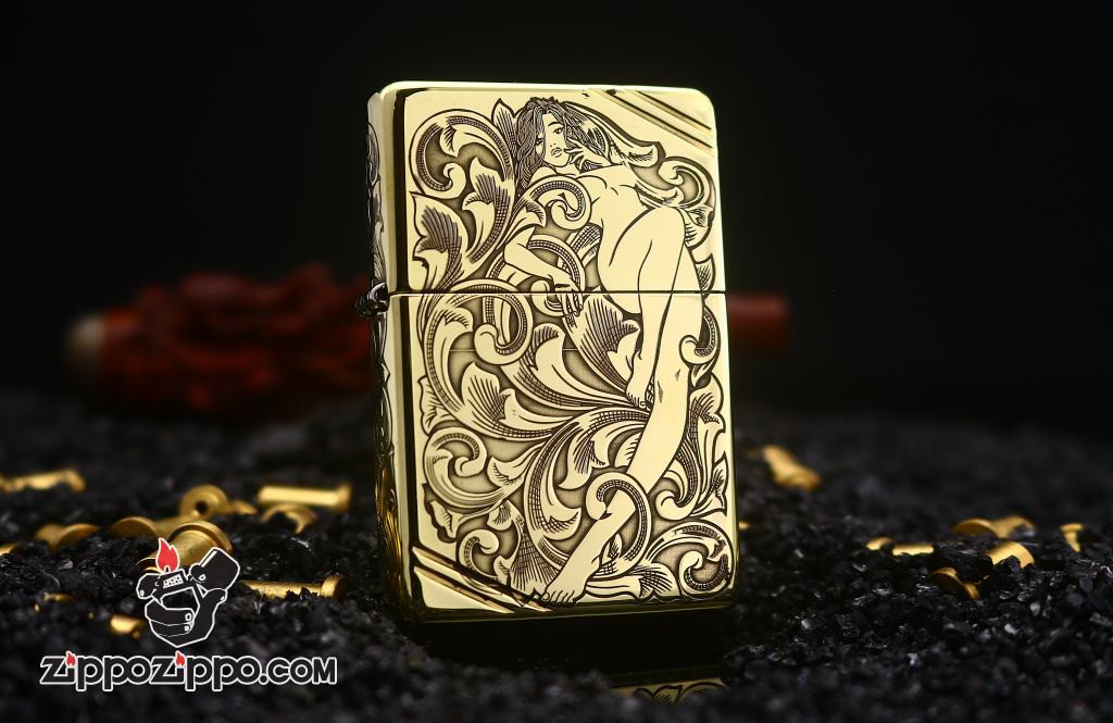 Zippo Chính Hãng Đồng Tái Bản vintage Khấc Cô Gái Trên Hoa Văn Arabesque