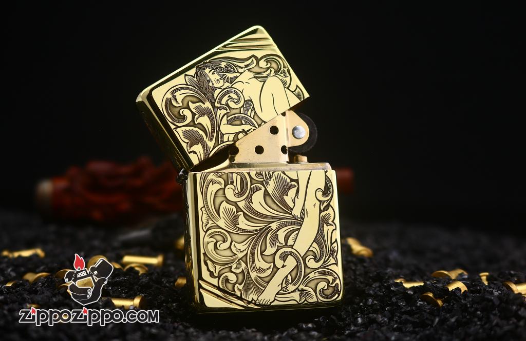 Zippo Chính Hãng Đồng Tái Bản vintage Khấc Cô Gái Trên Hoa Văn Arabesque
