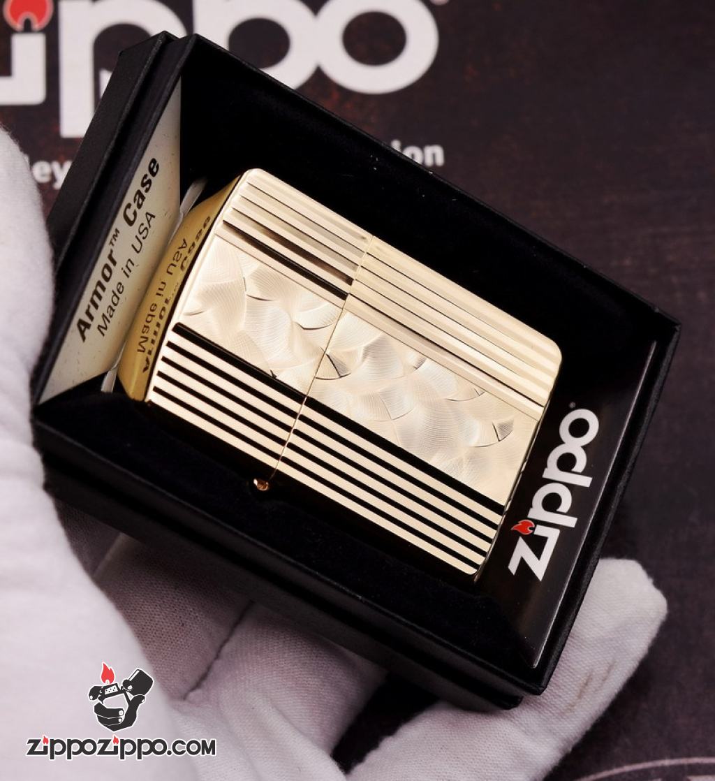 Bật Lửa Zippo Xuất Nhật Mạ Vàng Sâu Chạm Khắc Hình Hạt Quạt Trừu Tượng