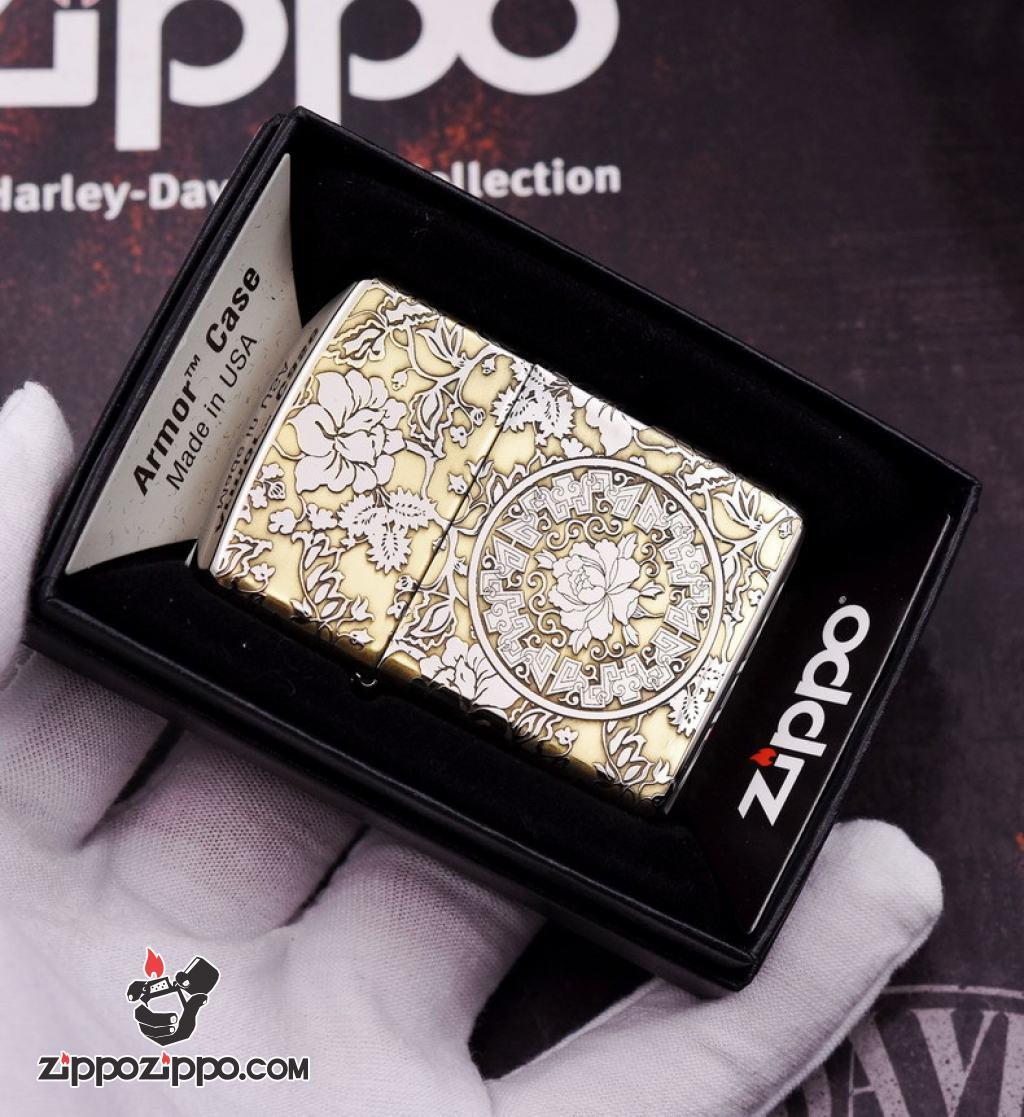 Bật lửa Zippo phiên bản chrome chạm khắc vòm hoa Mẫu Đơn vỏ dày