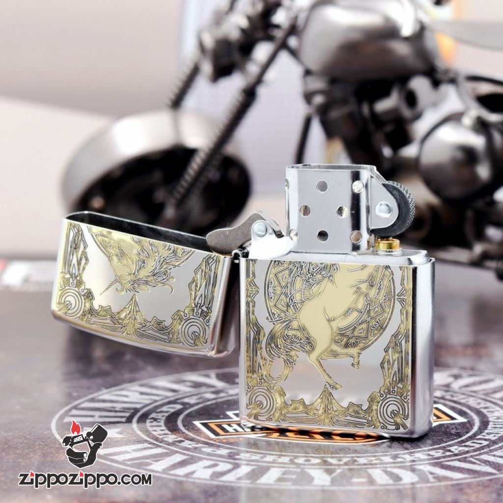 Bật Lửa Zippo Phiên Bản Hàn Quốc Khắc Họa Tiết Kỳ Lân Bản Chrome