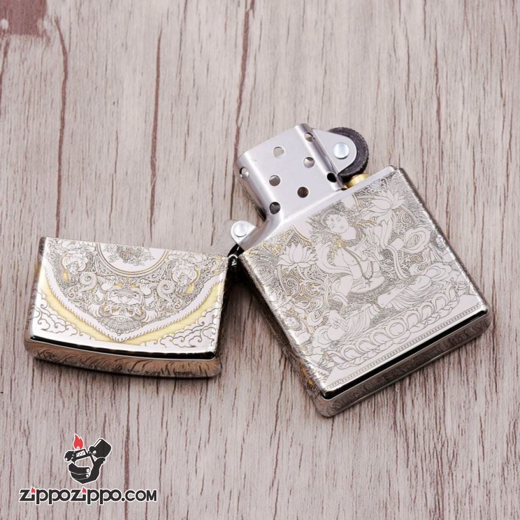 Zippo Chính Hãng Đồng Khắc Đức Phật Ngồi Trên Đài Sen Hoa Văn Tinh Tế Bản Chorme