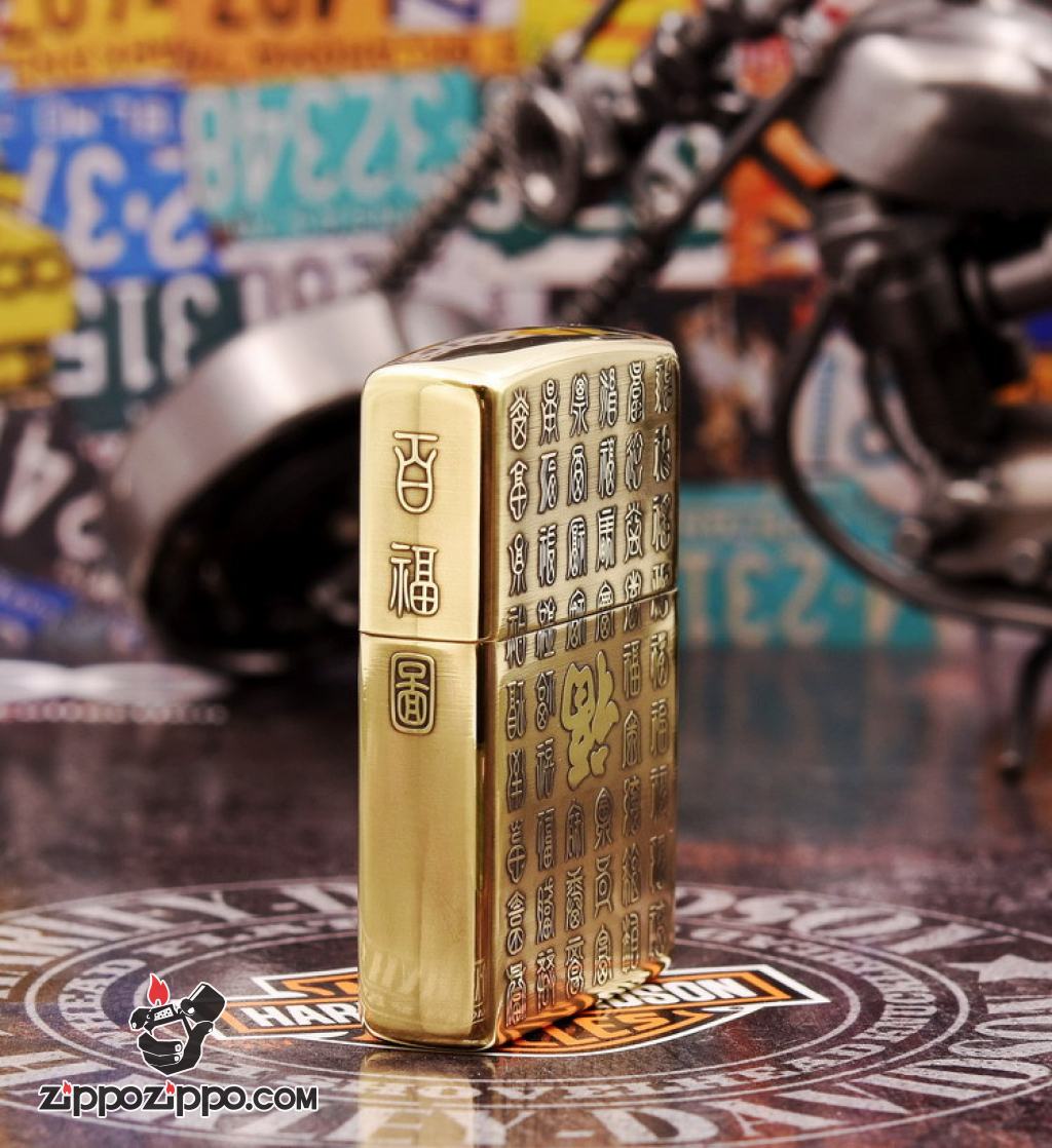Zippo Chính Hãng Khắc Tranh Bách Phúc Đồng Nguyên Khối