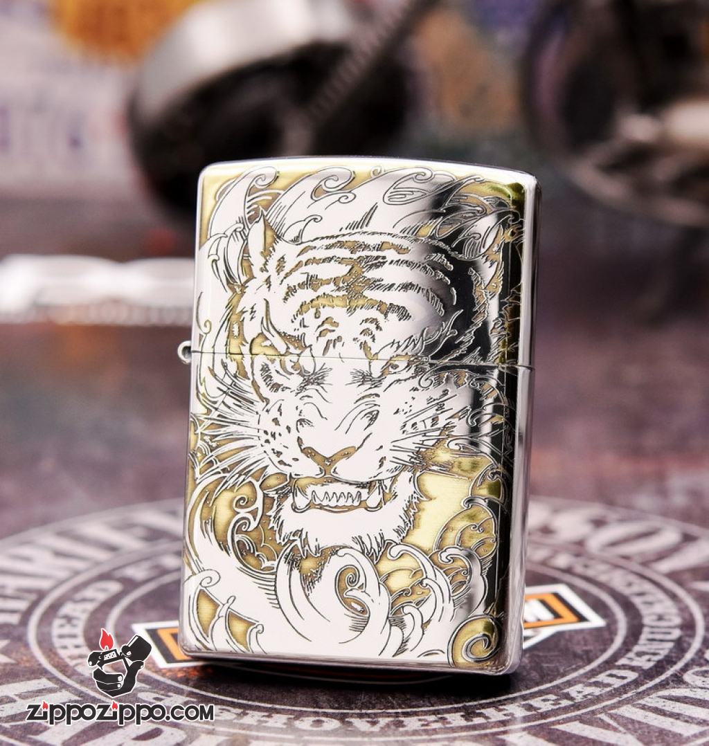 Bật lửa Zippo đồng khối khắc Hổ và móng vuốt Bản Chrome