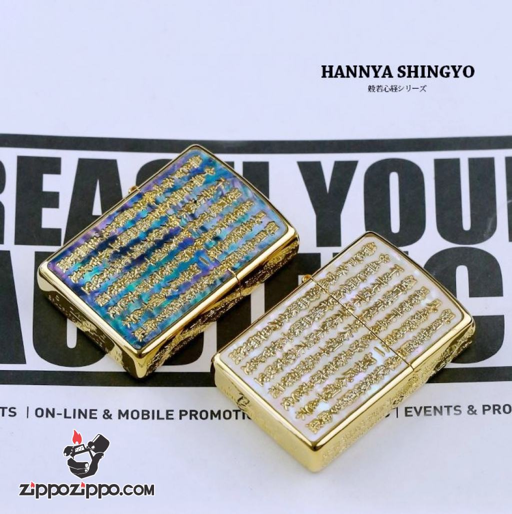 Zippo Chính Hãng Đồng Nguyên Khối Khắc Bát Nhã Tâm Kinh Khảm Trai Xanh