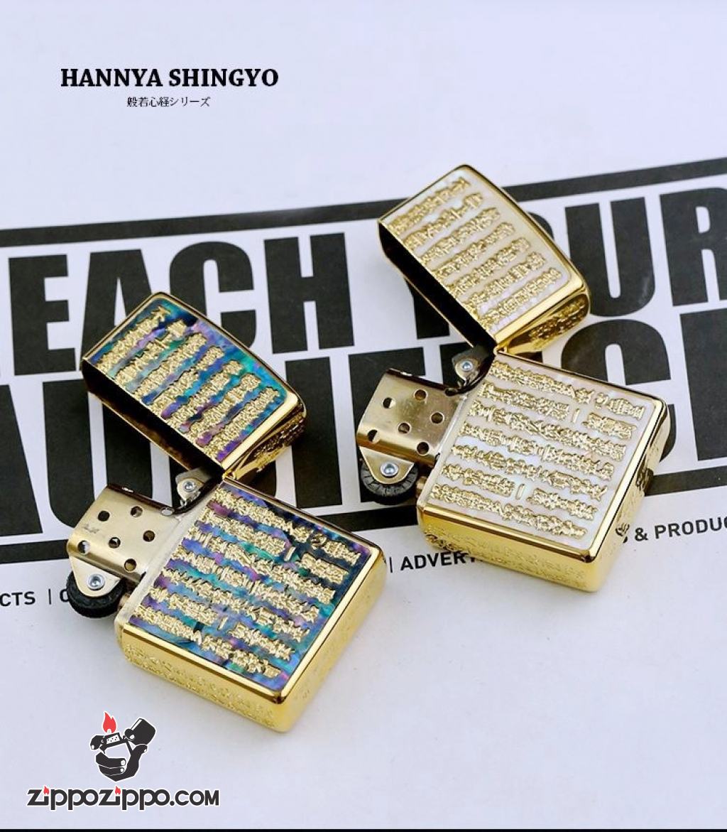 Zippo Chính Hãng Đồng Nguyên Khối Khắc Bát Nhã Tâm Kinh Khảm Trai Xanh