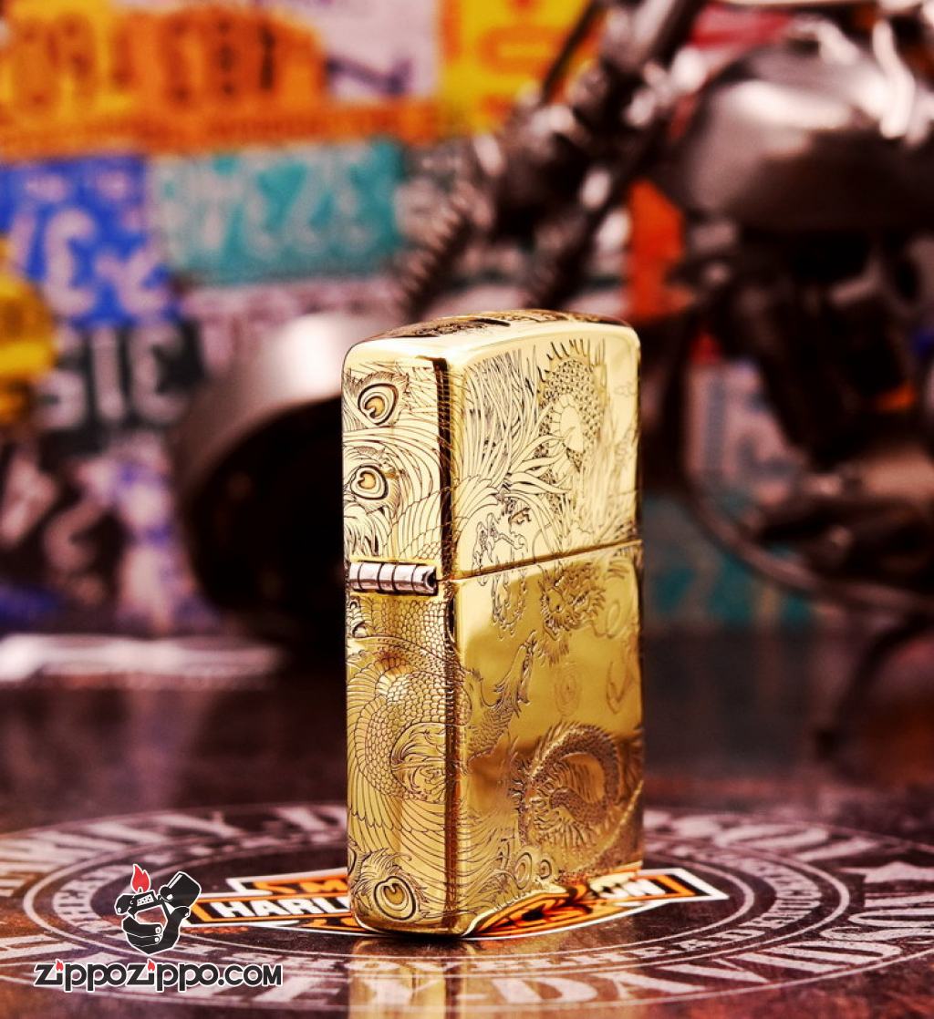 Bật Lửa Zippo Chính Hãng Đồng Nguyên Khối Khắc Rồng Và Phượng