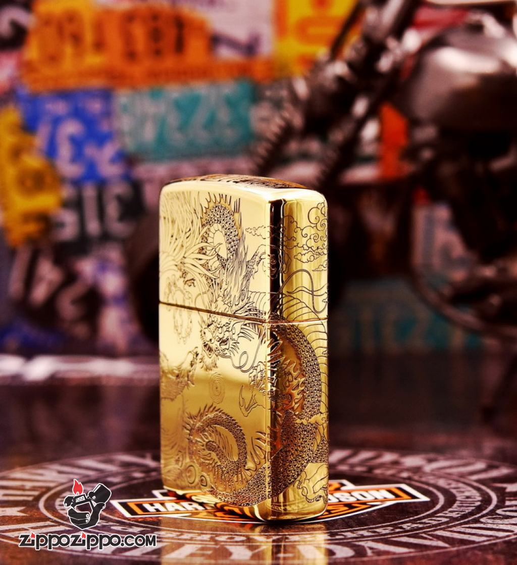Bật Lửa Zippo Chính Hãng Đồng Nguyên Khối Khắc Rồng Và Phượng