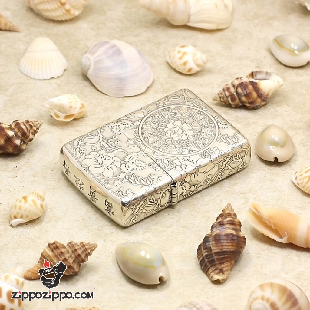 Zippo Chính Hãng Bạc Khối Khắc Vòm Hoa Mẫu Đơn Xung Quanh bản armor