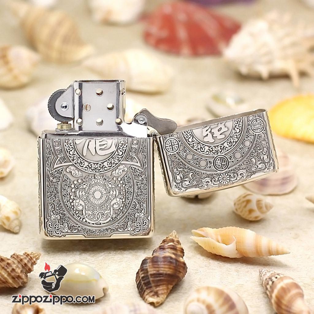 Bật lửa Zippo Bạc nguyên khối cao cấp khắc hình Rồng Châu Á