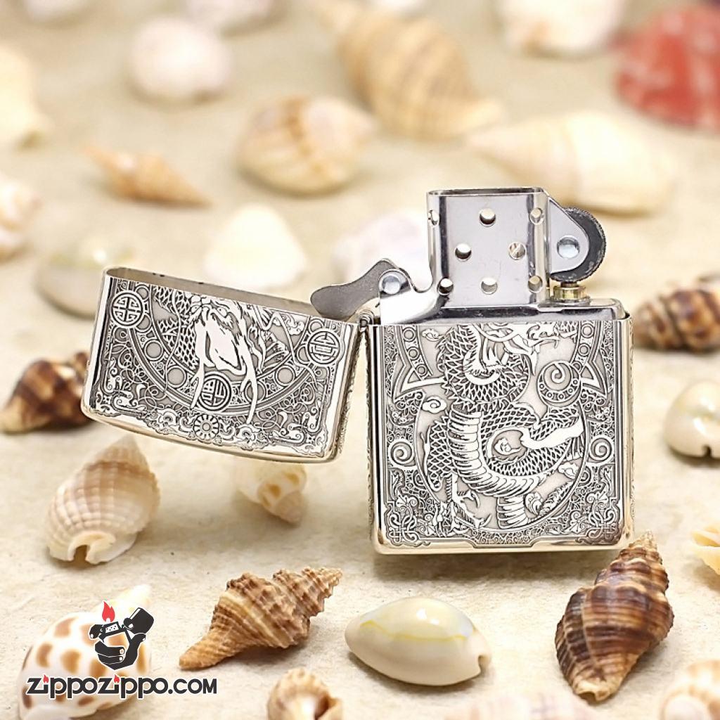 Bật lửa Zippo Bạc nguyên khối cao cấp khắc hình Rồng Châu Á