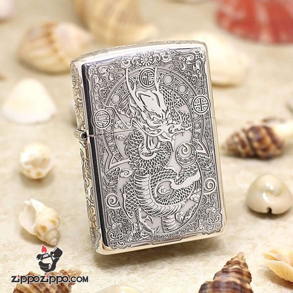 Bật lửa Zippo phiên bản Armor Bạc nguyên khối khắc hình Rồng Châu Á