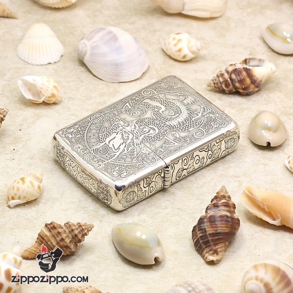 Bật lửa Zippo Bạc nguyên khối cao cấp khắc hình Rồng Châu Á
