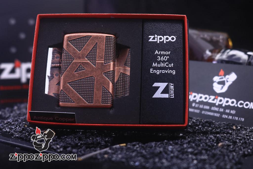 Zippo Armor đồng đỏ giả cổ khăc  hoa văn hình học không gian bao quanh lên 4 mặt