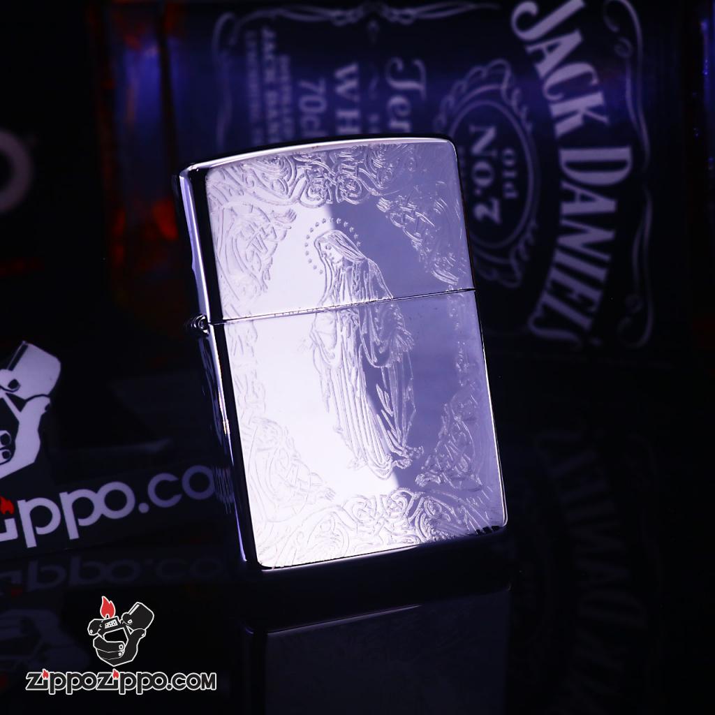 zippo khắc hình đức mẹ mầu bạc