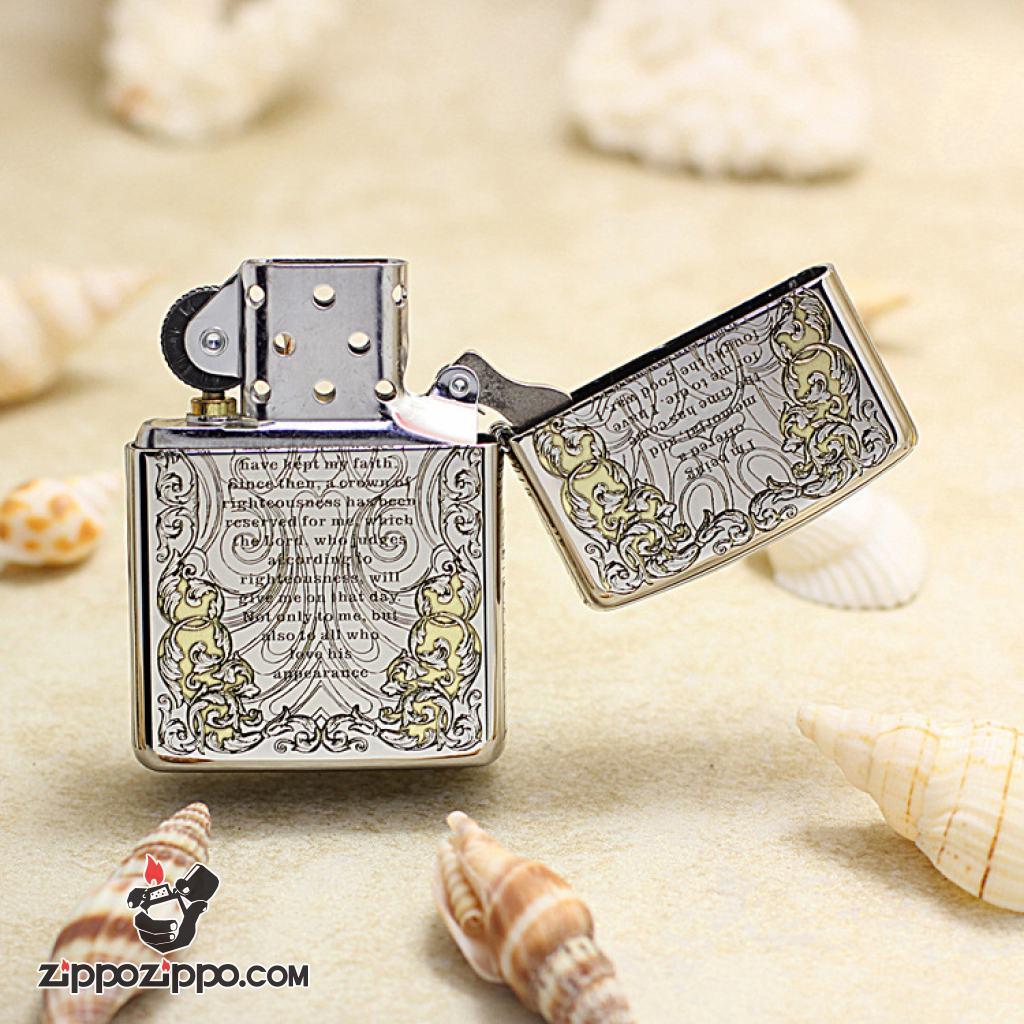 Bật Lửa Zippo Khắc Chữ Thập Và Kinh Thánh Màu Bạc