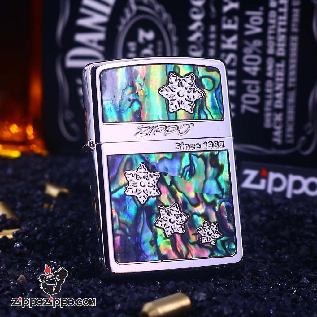 Bật Lửa Zippo Khắc Bông Tuyết Khảm Trai Xung Quanh