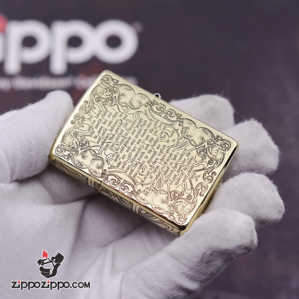 Bật Lửa Zippo Khắc Chữ Thập Và Kinh Thánh Màu Vàng Bản Ốp Nổi Bản Amor