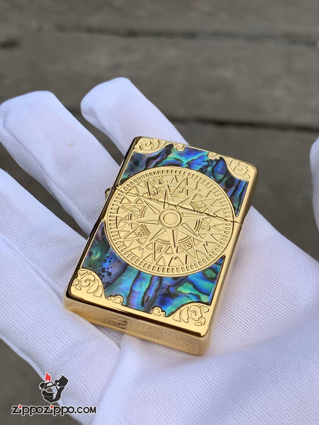 Bật Lửa Zippo Chính Hãng Xuất Nhật Khắc Mười Tám Sao La Bàn Khảm Trai Màu Vàng       