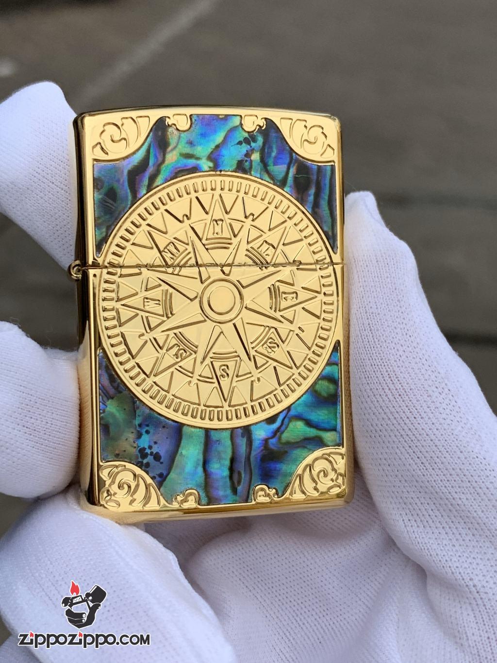 Bật Lửa Zippo Chính Hãng Xuất Nhật Khắc Mười Tám Sao La Bàn Khảm Trai Màu Vàng       