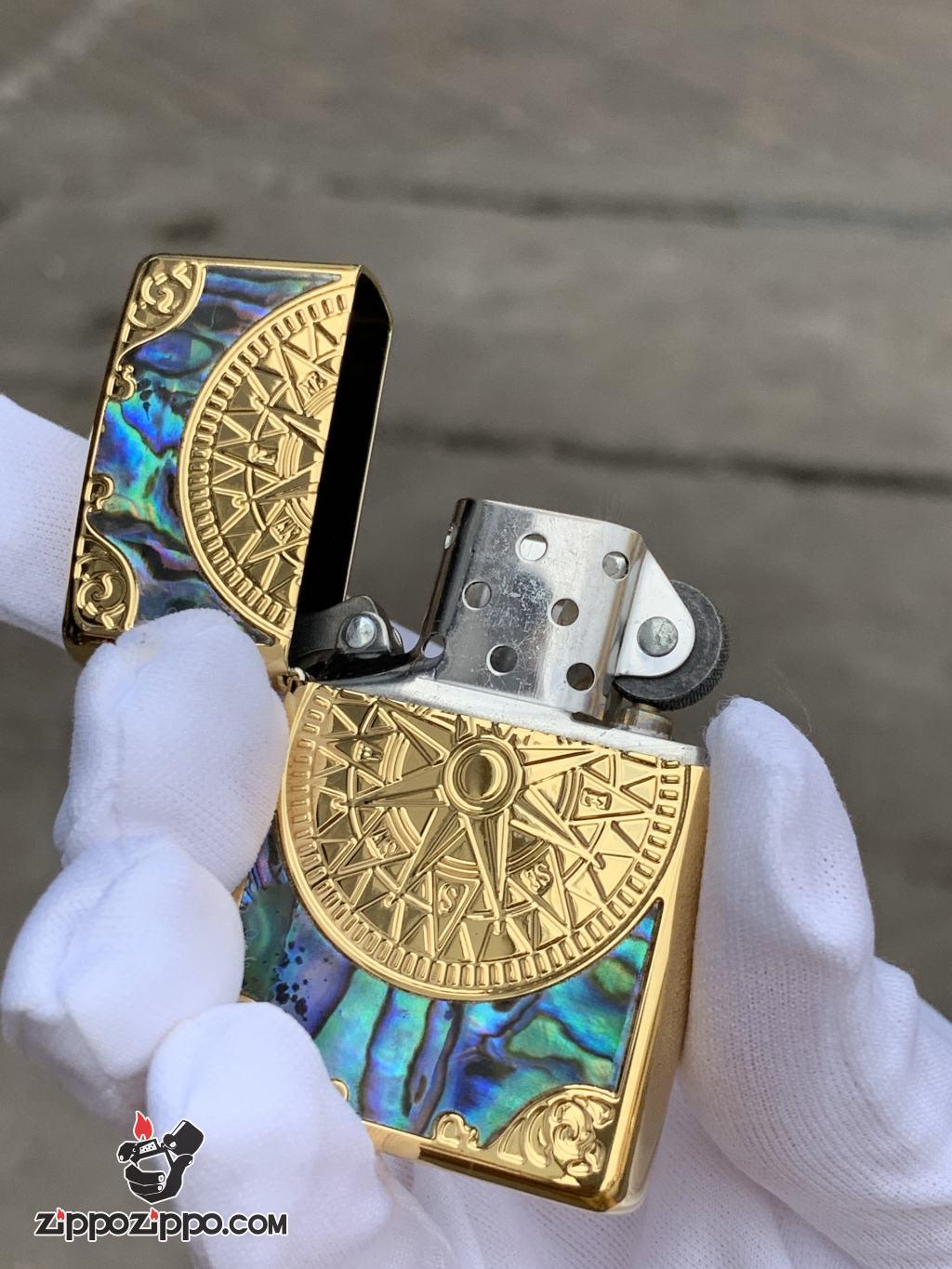 Bật Lửa Zippo Chính Hãng Xuất Nhật Khắc Mười Tám Sao La Bàn Khảm Trai Màu Vàng       