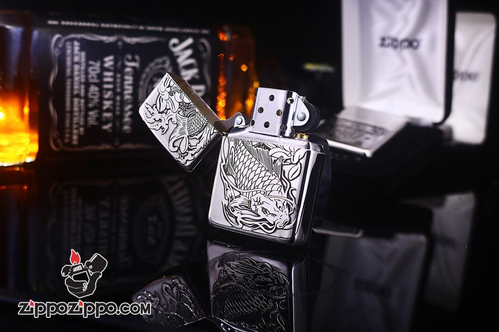 Bật lửa Zippo Bạc nguyên khối cao cấp khắc Hình Cá Chép Bản Amor